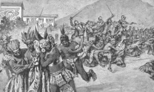Conquistadors charge at Atahualpa