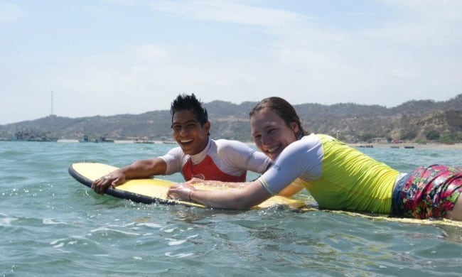 Learning to surf in Zorritos, Peru. 