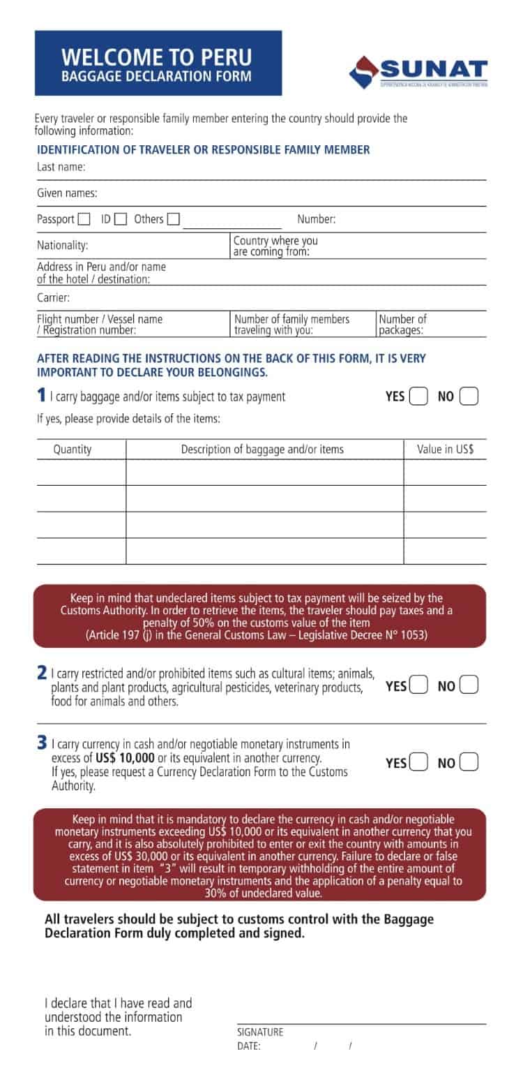 Peruvian customs form