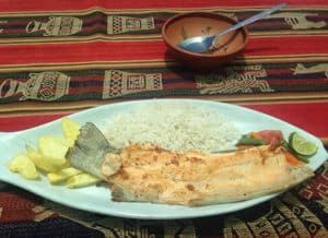 quinoa soup starter, followed by rainbow trout with chips and rice as main