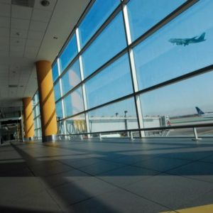 window view of a plane taking off