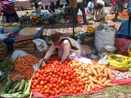 peruvian fruit and vegetables - lady at food market with vegetables laid out on a blanket