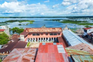 Buildings overlooking Amazon River in Iquitos in Peruvian Amazon Jungle