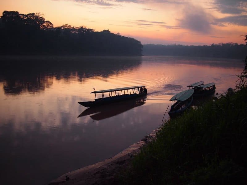 Riverboats on River in Tambopata National Reserve in Peruvian Amazon Jungle - iquitos