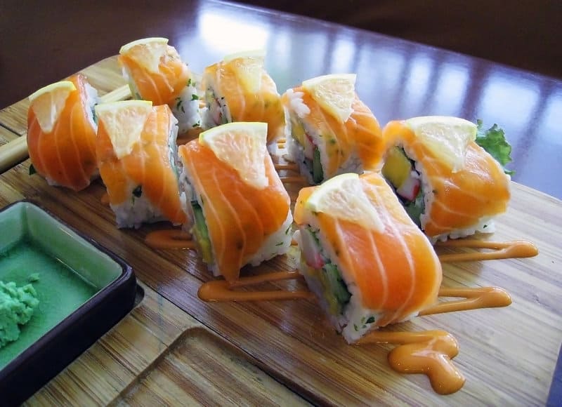 Salmon sushi roll Japanese cuisine in Mancora surf resort peru 